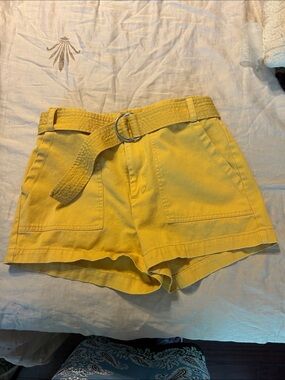 Forever 21 Yellow High-Waist Belted Cotton Shorts